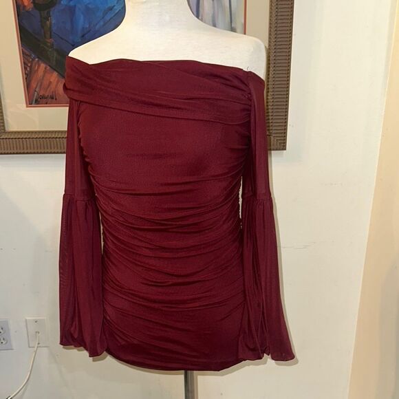 Venus Off-Shoulder Burgundy Ruched Top - Picture 3 of 13